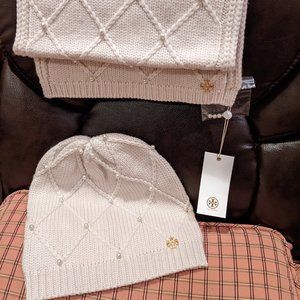Tory Burch Pearl Cable Merino Wool Hat & Scarf Set